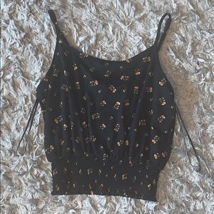 smocked black floral tank top